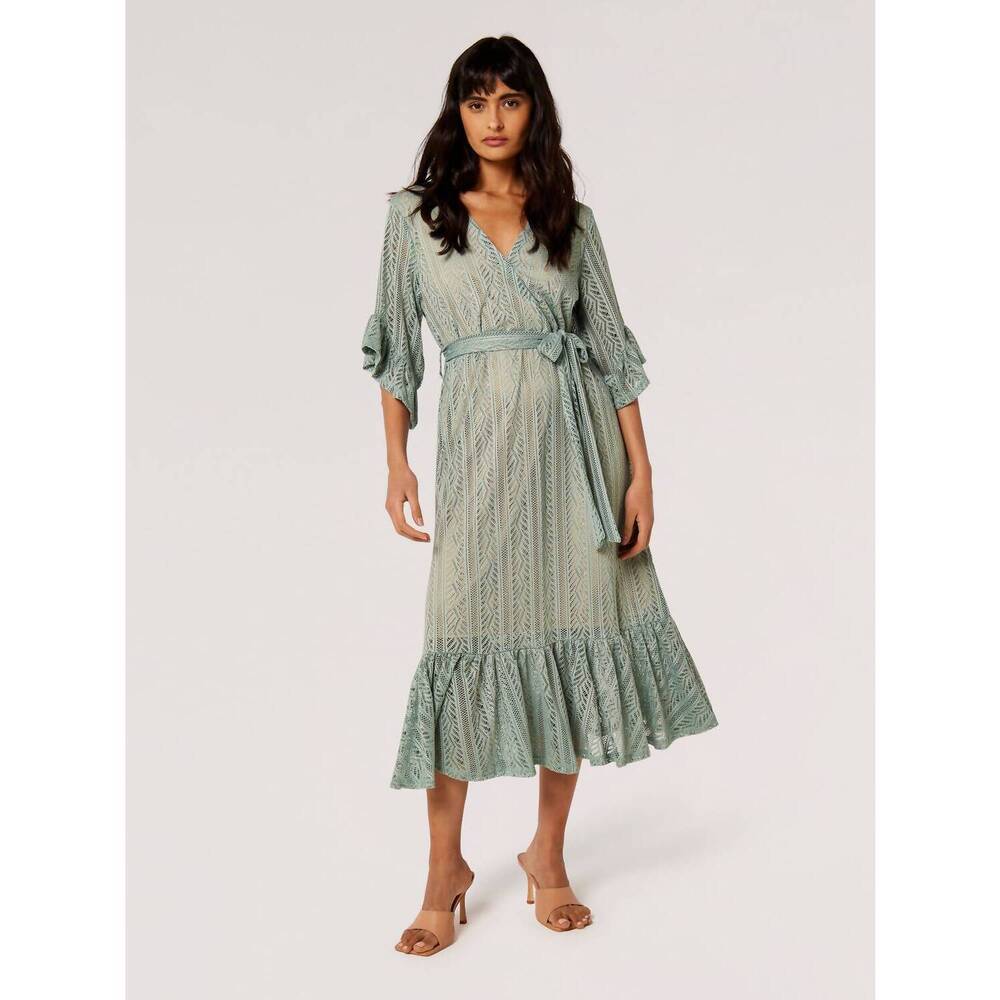 NEW APRICOT lace ruffle wrap midi dress in mint